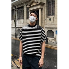 【现货】DA145-P40黑白条纹短袖T恤男重磅潮牌美式复古5五分袖夏，男装T恤，星座603-2