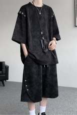 夏季短袖短裤套装男生美式高街痞帅扎染青少年宽松圆领大码运动服，男装T恤，电商A059