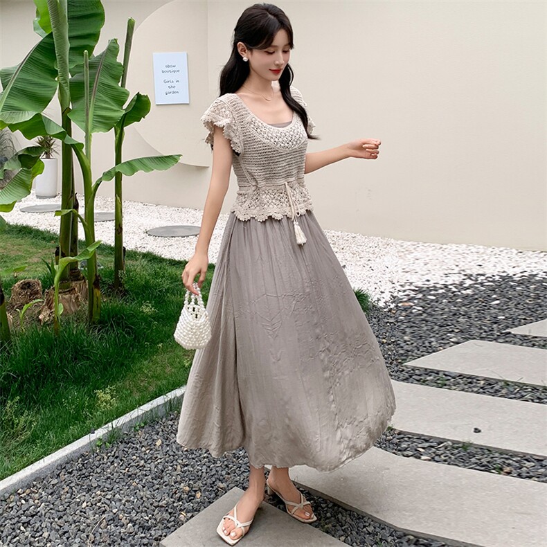 慕未家M夏装新款圆领抽绳系带收腰针织上衣淑女吊带连衣裙由3210，女装套装/套裙，超帛