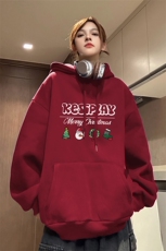 圣诞卫衣加绒DT5350-TP55控价78冬季情侣款印花红色连帽卫衣女，男装卫衣，电商A102-1