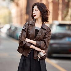 妖精的口袋复古棕色皮衣女2026春秋季新款高级感甜酷短款夹克外套，女装皮衣，潮流依族