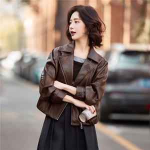 妖精的口袋复古棕色皮衣女2026春秋季新款高级感甜酷短款夹克外套图片