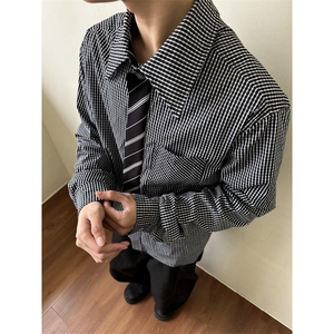 CS001NCC-特P50假两件带领带蓝色格子衬衫男长袖春秋衬衣外套图片