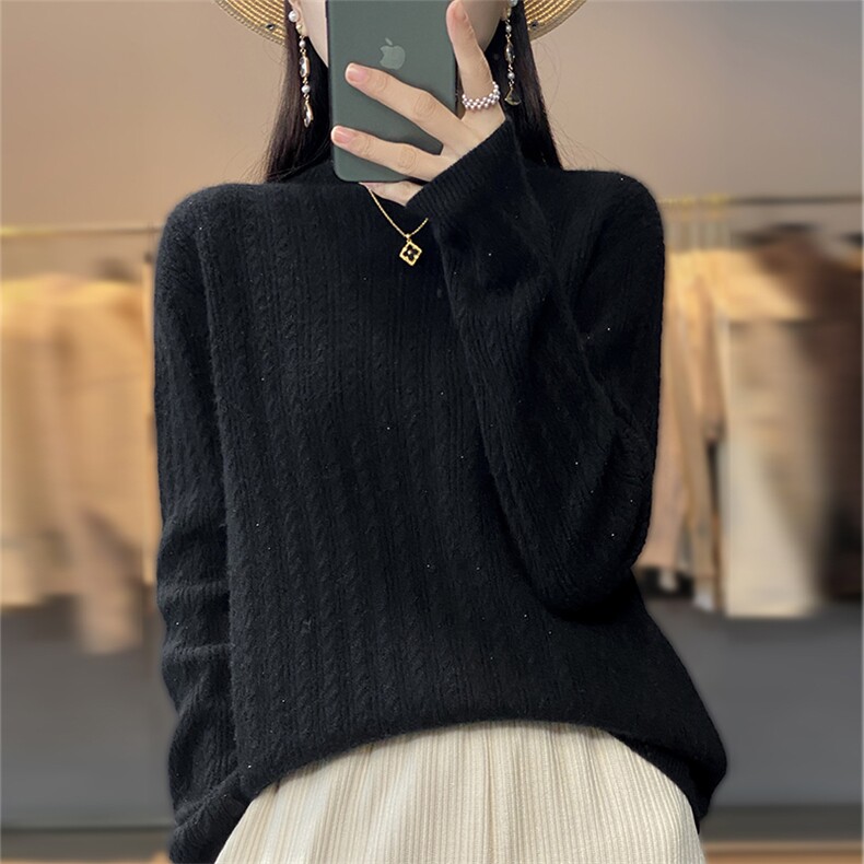 秋冬新款立体扭花烫钻羊毛毛衫时尚百搭显瘦保暖针织衫,女装羊毛衫,科源羊绒