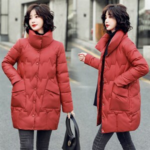中长款羽绒棉衣棉服外套女冬季2024新款韩版宽松红色立领加厚棉袄图片