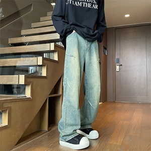 褶皱水洗牛仔裤M~8XL大码宽松设计感美式高街复古直筒裤NZ9001P55图片