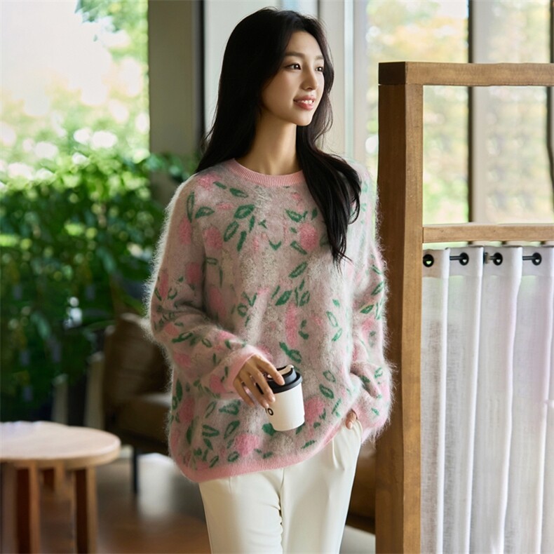 2025年秋季新款百搭郁金香提花长袖针织衫，女装针织衫/毛衣，暖烁特种纱工厂店