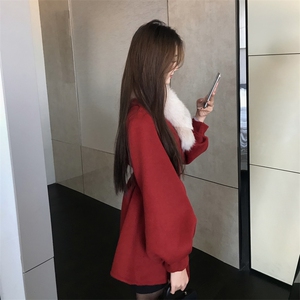 现货新款圣诞款2176-P350-K520双面羊绒大衣配狐狸毛围脖，女装双面呢大衣，然然