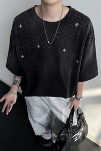 8XL-M 满天星轻奢烫钻宽松版落肩纯棉短袖T恤新款夏百搭上衣DX337图片