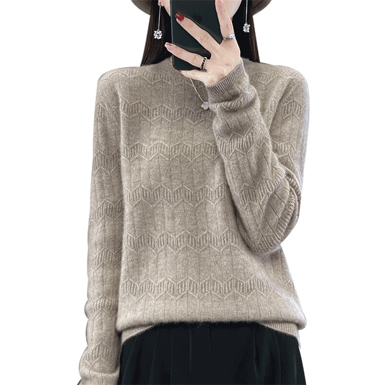 时尚百搭圆领花型羊毛针织衫女秋冬必备保暖毛衣,女装羊毛衫,隆格羊绒