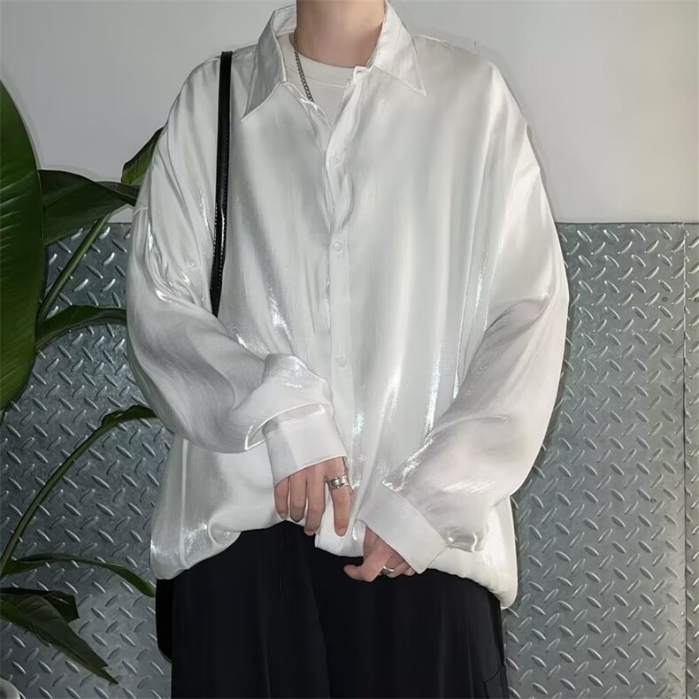 潮潮流慵懒标准长袖百搭时尚男丝光棉衬衫白色防晒衣MC27P35，男装衬衫，星座1116-2