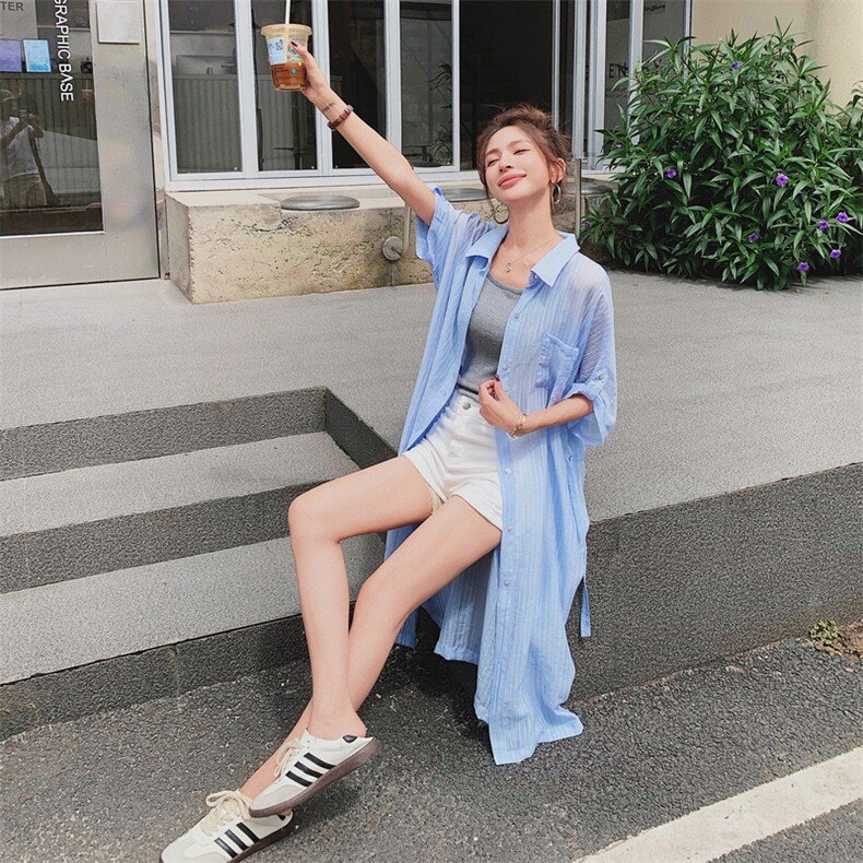 高级感蓝色五分袖条纹衬衫外套女夏2025新款宽松休闲防晒长款上衣,女装衬衫,浙宝217