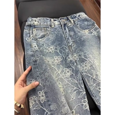 美式高街vibe提花牛仔裤男秋季直筒休闲裤宽松微喇裤WLA1088-P48，男装牛仔裤，星座1008