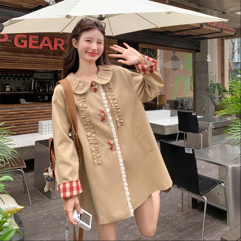卡其色娃娃领风衣外套女2025秋季新款设计感小众减龄宽松休闲上衣,女装短外套,2C230