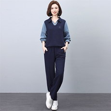 卫衣套装女款20245春秋新款休闲牛仔拼接翻领两件套，女装套装/套裙，忆绮罗