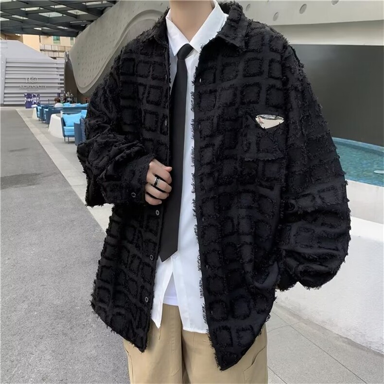 格子长袖衬衫男春秋款高级感潮牌痞帅衬衣外套美式上衣W1373/P50,男装衬衫,星座506