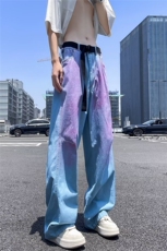潮牌痞帅炸街牛仔裤做旧彩虹撞色直筒裤美式高街男裤子N8188-p55，男装牛仔裤，星座1008