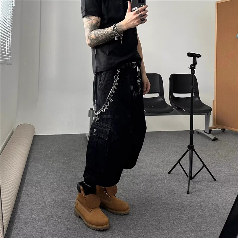 美式日常休闲多口袋设计工装牛仔短裤男cleanfit直筒阔腿七分中裤,男装牛仔裤,星座506A