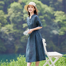 2026年夏季苎麻大摆型女士短袖日常职场聚会逛街街拍沙滩，女装连衣裙，江南依恋