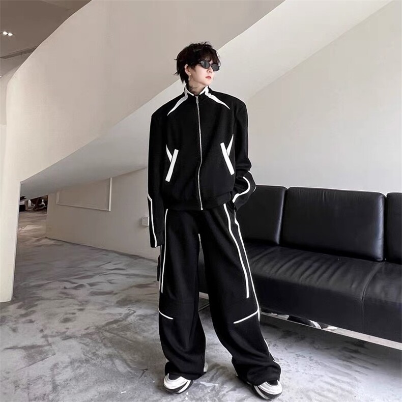 W10378-P118网图现货潮牌高街撞色立领夹克套装直筒长裤两件套，男装休闲套装，星座1608