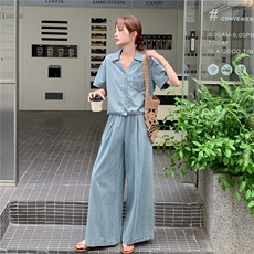 又a又飒牛仔套装女2025夏新款美式复古短袖外套高腰阔腿裤两件套，女装套装/套裙，2C168