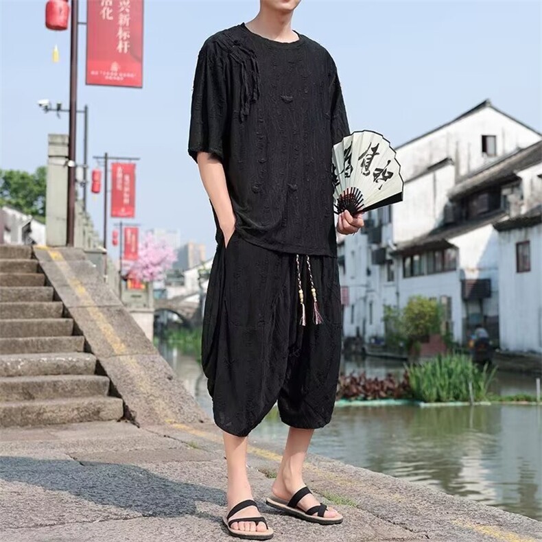 主推款风套装夏季薄款潮流设计感大码宽松休闲短袖长裤两件套男，男装休闲套装，星座218-1（原230）