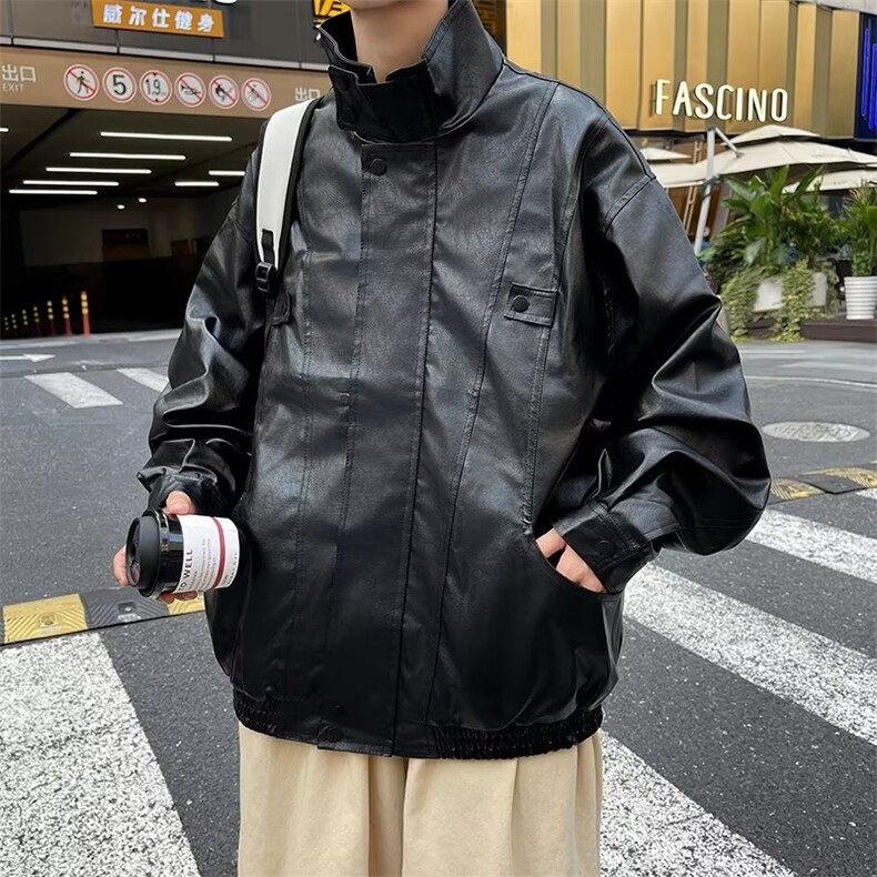 港风工装机车皮衣新款复古休闲帅气宽松翻领皮夹克男J3122-p68,男装夹克,星座1008