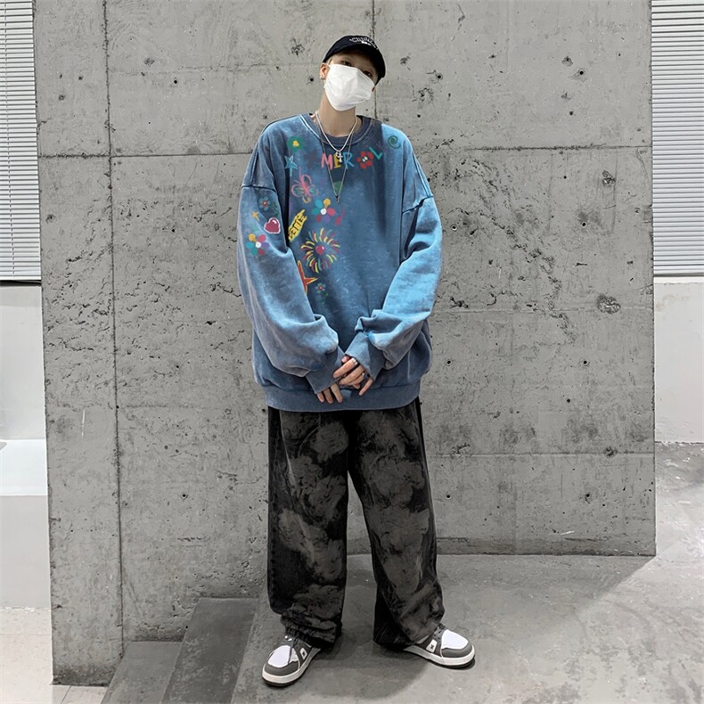 美式潮牌重磅水洗做旧圆领卫衣力推大码男XZ517A-BK5555-P58,男装卫衣,星座517A