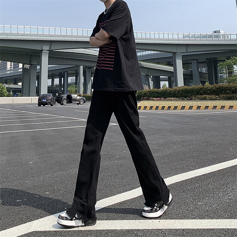 现货 黄泥美式vibe裤高街黑色破洞微喇直筒毛边牛仔裤男 K890-P55图片