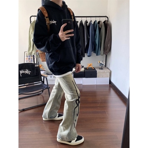 【有货】美式高街黄泥色牛仔裤男款直筒火焰残影裤子NZ05HH-特P58图片