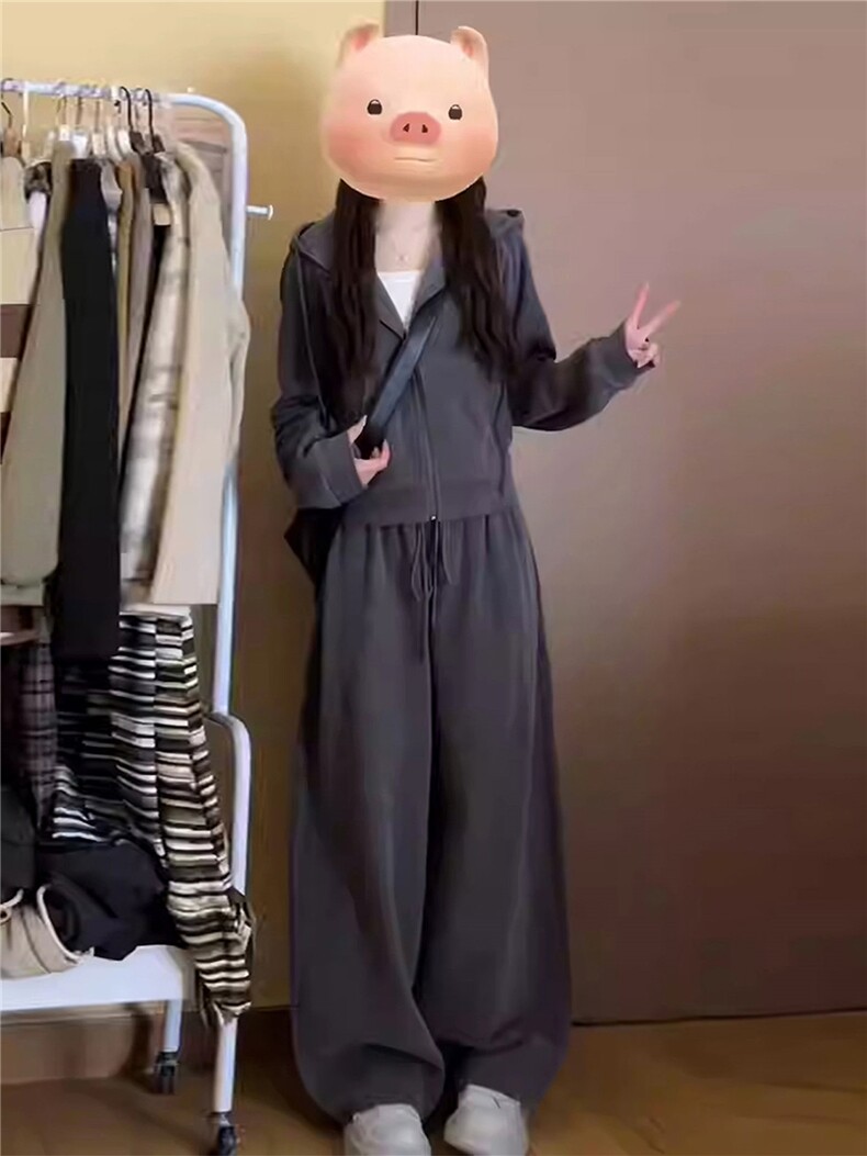 女春季新款时尚休闲套装宽松减龄拉链开衫抽绳外套直筒长裤两件套,女装套装/套裙,江南