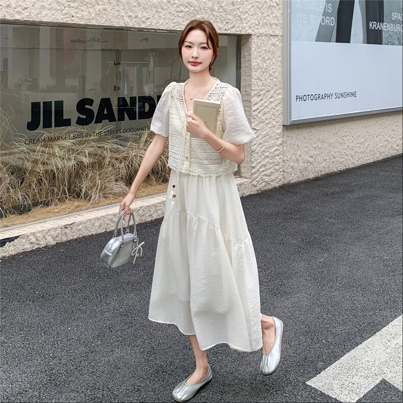 温柔风气质一整套穿搭女2026夏新款蕾丝钩花泡泡袖上衣吊带裙套装,女装套装/套裙,霓裳依族