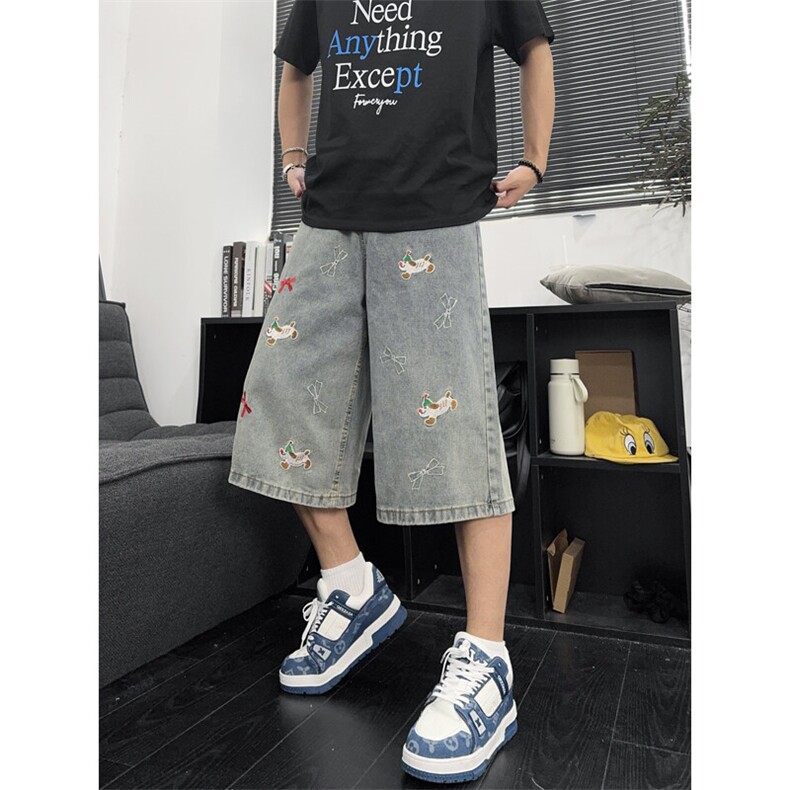 B221美式ins高街宽松小狗刺绣七分牛仔裤短裤LK25534-特P45控78,男装牛仔裤,电商B221