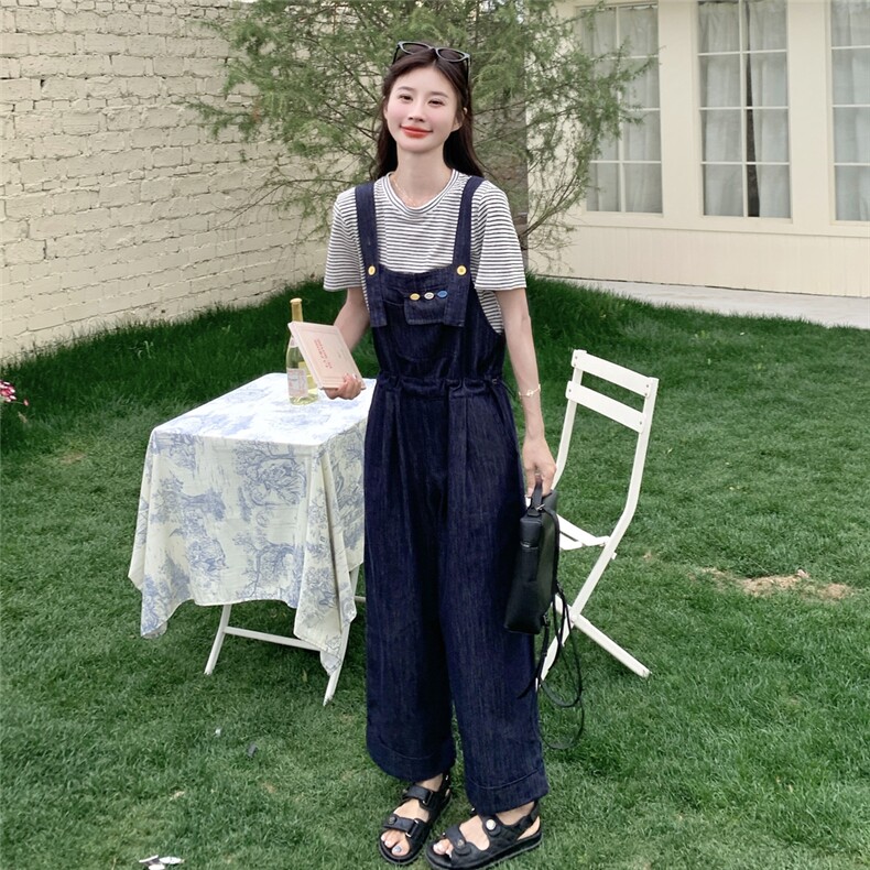 盐系学院风牛仔背带裤套装夏女2025新款宽松条纹T恤休闲两件套女,女装套装/套裙,2C012