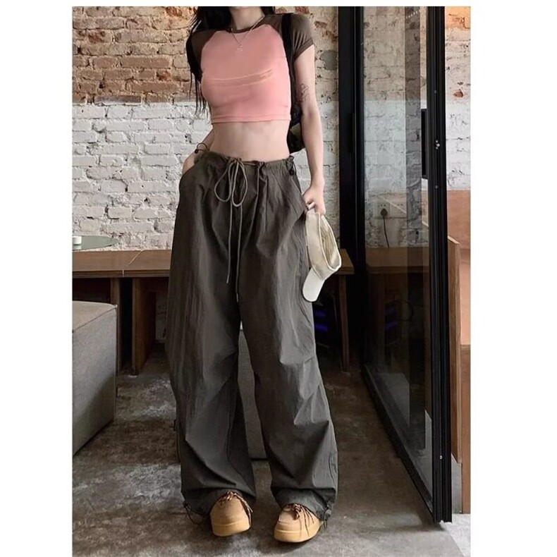 美式复古工装裤女夏季速干降落伞裤宽松垂感褶皱阔腿裤LG8433-P43,男装休闲裤,星座1008