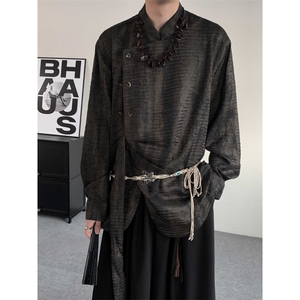 秋装2024扎染新中式衬衫设计感唐装汉服飘带长袖衬衣男女衬衣外套图片