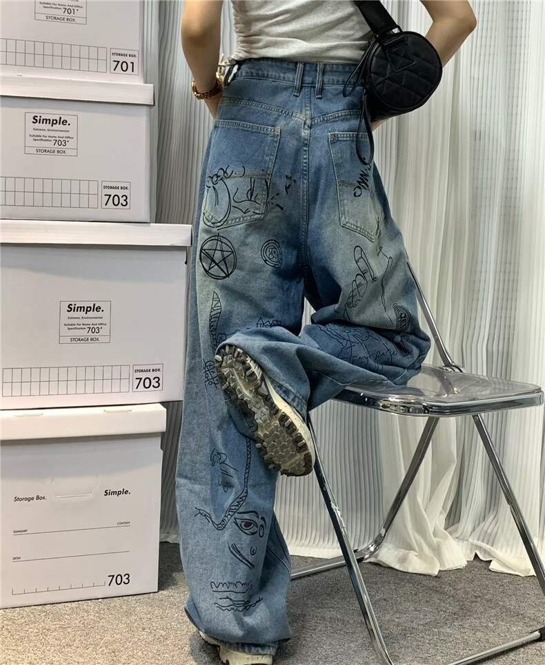 美式高街头涂鸦阔腿裤男百搭oversize古着牛仔裤NK8004P45,男装牛仔裤,星座1116-2