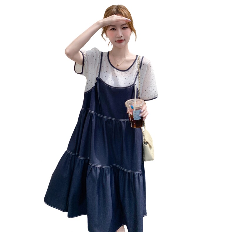 韩系穿搭蓝色拼接吊带连衣裙女夏超火休闲小众漂亮鱼尾假两件裙子,女装连衣裙,浪娴服饰