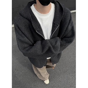 秋冬连帽开衫男女宽松老钱风纯色毛衣真口袋复古针织衫外套 MY628图片