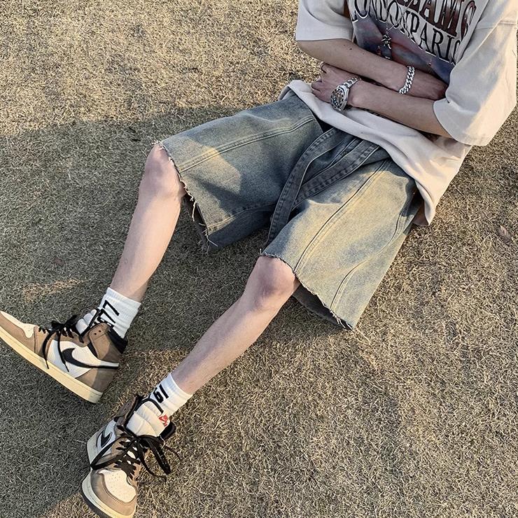 做旧水洗毛边牛仔短裤男夏季美式复古炸街痞帅高街宽松阔腿五分裤,男装牛仔裤,星座506A