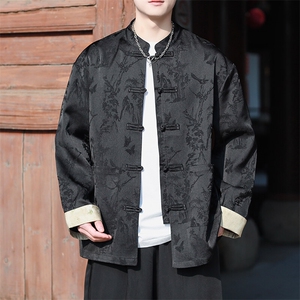 风衬衫 男士长袖提花盘扣小开衫翻袖撞色黑色KS513-P85控98图片