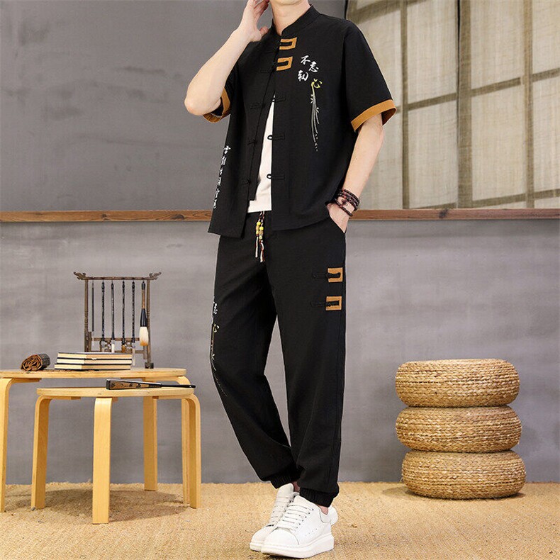 风夏季两件套男士冰丝宽松短袖套装民族男装汉服,男装T恤,星座1206（原A206）