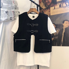 W10885-P40网图现货工装马甲外套小众叠穿金属皮扣坎肩背心，男装背心/马甲，星座1608