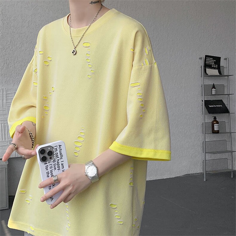 T10137-特批33控68开口笑高品质夏季大码短袖破洞潮流百搭T恤,男装T恤,电商A059