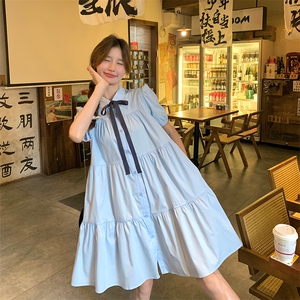 蓝色气质减龄学院风衬衫裙女中长款2024夏新款法式宽松洋气连衣裙,兵器图片可爱穿搭图片
