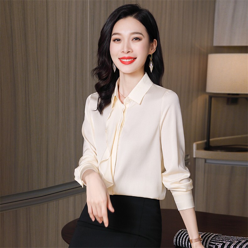 哑光真丝衬衫女式粉色气质百塔2026新款法式荷叶边长袖真丝上衣,女装衬衫,阿舍尔精品