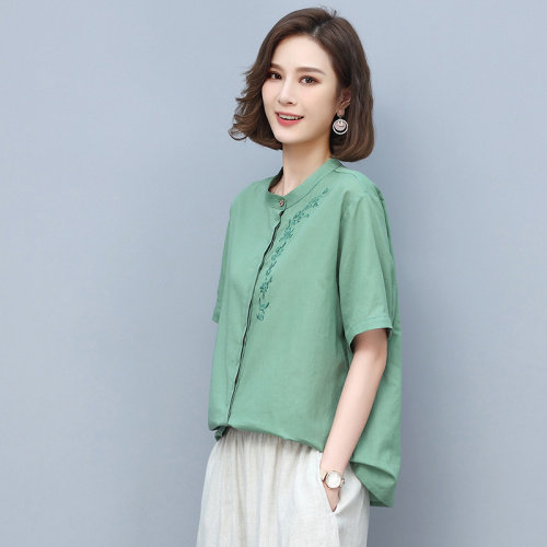 2021夏季时尚简约大方气质优雅收腰显瘦圆领衬衫T恤,女装衬衫,悦见她