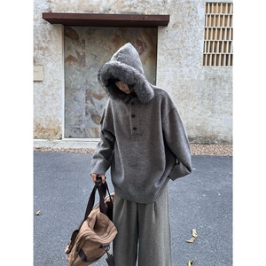 网冬季连帽针织衫外套男女老钱风慵懒感毛毛领保暖毛衣B60-P70