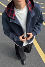 假两件拼接格子连帽高克重420g水洗棉夹克外套男J5253-特P85控158，男装夹克，电商A001-1
