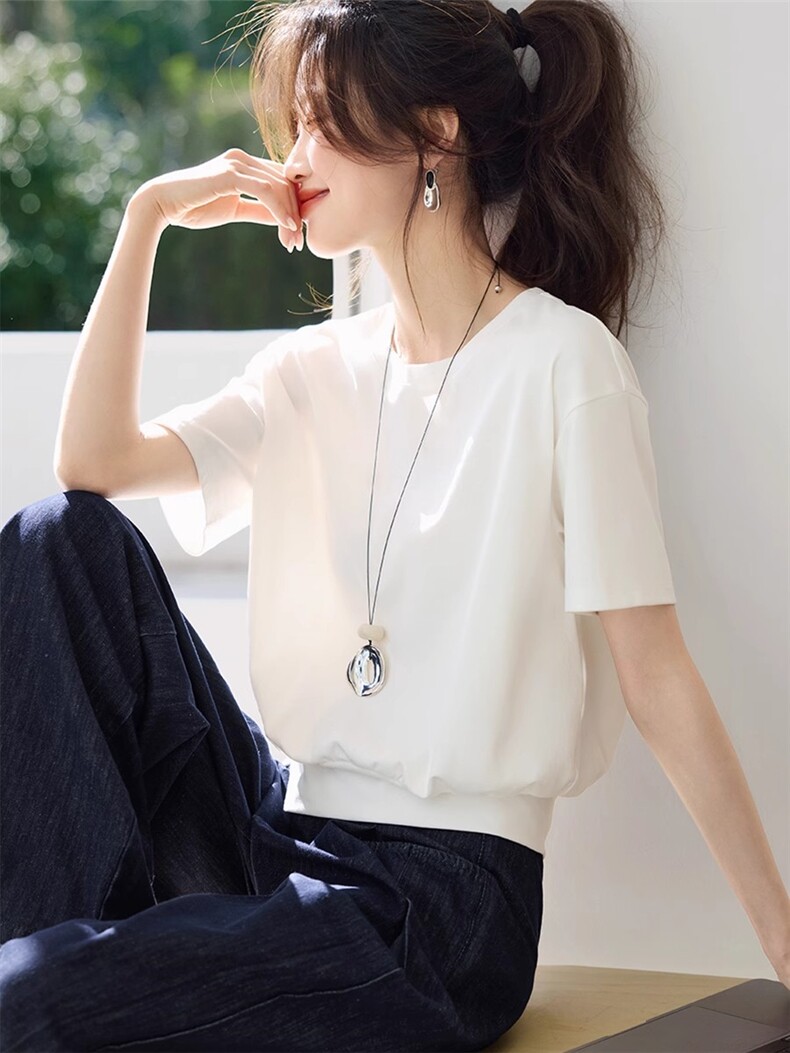 休闲百搭设计感下摆开叉装饰扣短袖T恤2025夏季新款T恤女,女装T恤,梦白服饰厂